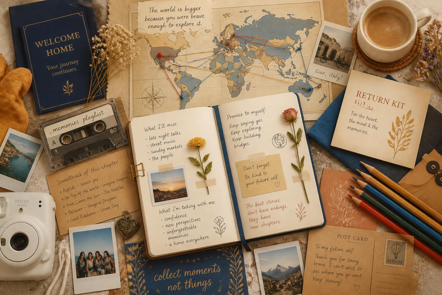 Trousse créative de retour : journal, carte du monde, polaroïds, playlist et souvenirs d'échange.